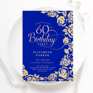 Invitation Élégant 60e anniversaire Royal Blue Gold Roses