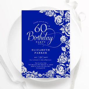 Invitation Élégant 60e anniversaire Royal Blue Silver Roses
