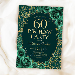 Invitation Élégant 60e anniversaire vert émeraude et or flora
