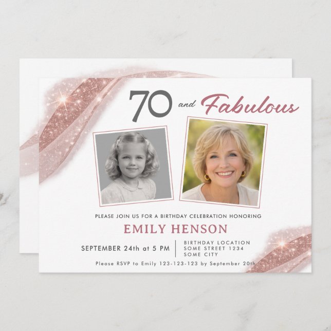 Invitation Elegant 70 and Fabulous Rose Gold Photo Birthday (Devant / Derrière)