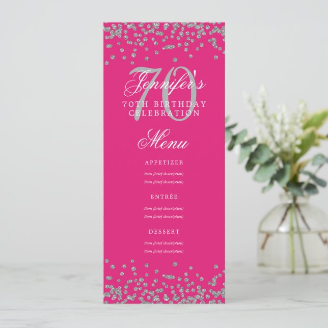 Invitation Elégant 70 Anniversaire Menu Confetti Argent Rose  (Debout devant)