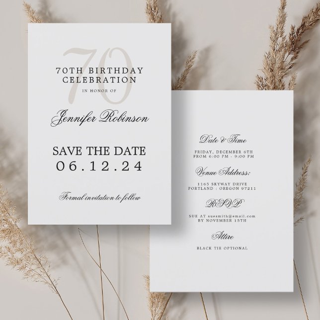 Invitation Elégant 70e anniversaire Enregistrer la date avec  (Elegant 70th Birthday Save the Date w/ Details Invitation)