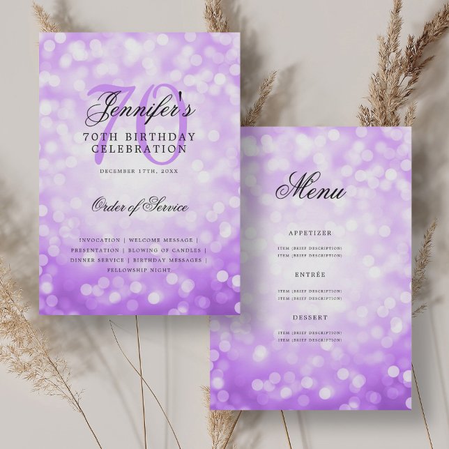 Invitation Élégant 70e Anniversaire Menu Bokeh violet (Elegant 70th Birthday Program Purple Bokeh Menu)