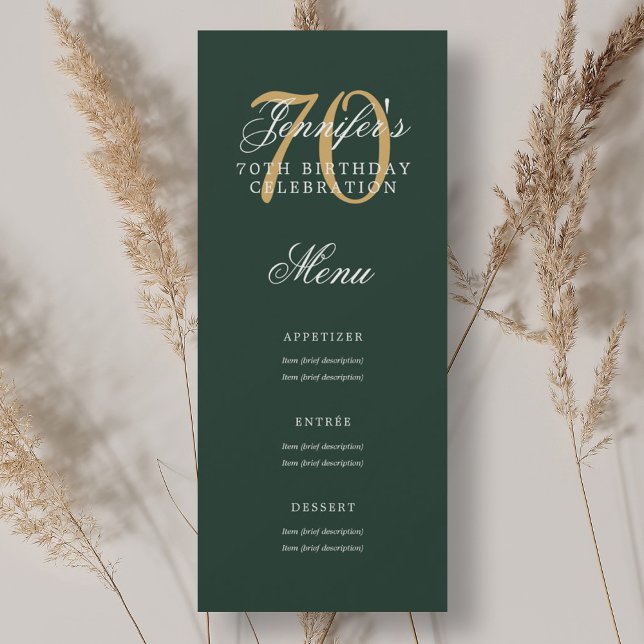 Invitation Elégant 70e anniversaire Menu Gold Green (Elegant 70th Birthday Party Menu Gold Green Invitation)