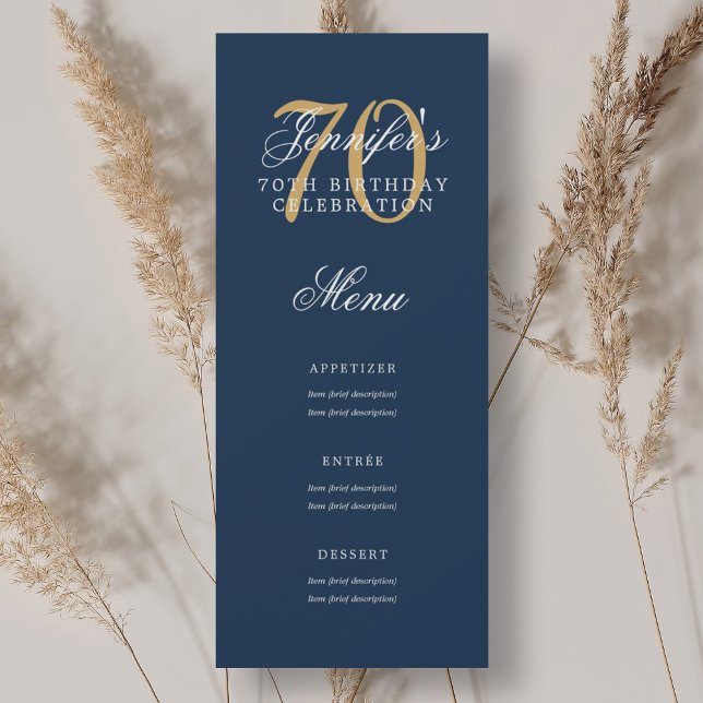 Invitation Elégant 70e Anniversaire Menu Gold Navy Blue (Elegant 70th Birthday Party Menu Gold Navy Blue Invitation)