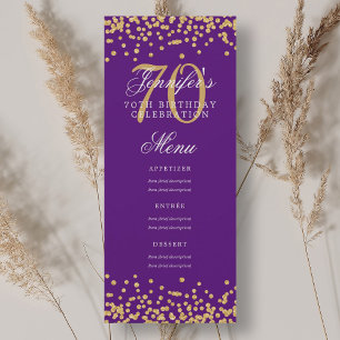 Invitation Elégant 70e Anniversaire Menu Gold Purple Confetti
