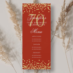 Invitation Elégant 70e Anniversaire Menu Gold Red Confetti