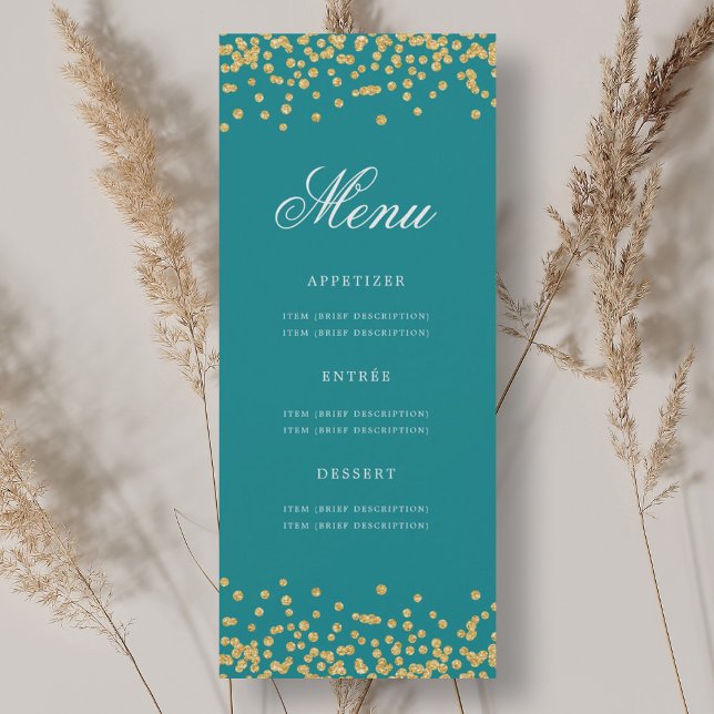 Invitation Elégant 70e Anniversaire Menu Gold Turquoise Confe (Elegant 70th Birthday Menu Gold Turquoise Confetti Invitation)