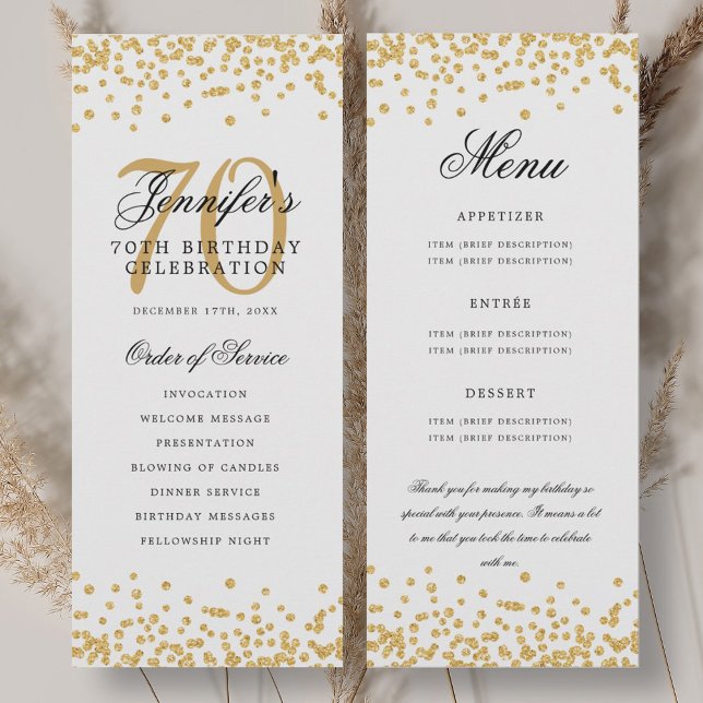Invitation Elégant 70e Anniversaire Menu Merci U Gold (Elegant 70th Birthday Program Menu Thank U Gold )