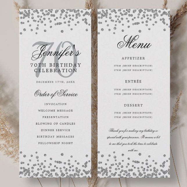 Invitation Elégant 70e Anniversaire Menu Merci U Silver (Elegant 70th Birthday Program Menu Thank U Silver )