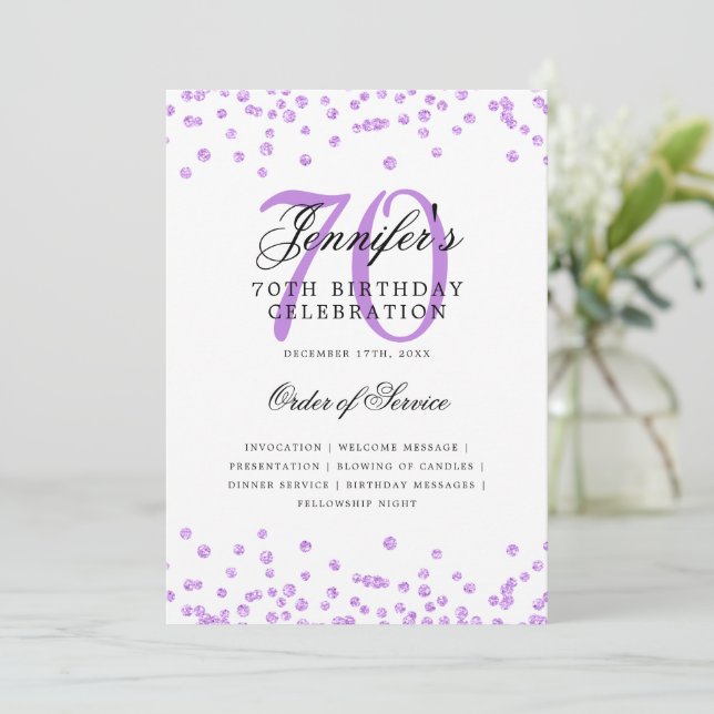 Invitation Élégant 70e Anniversaire Menu Purple (Debout devant)