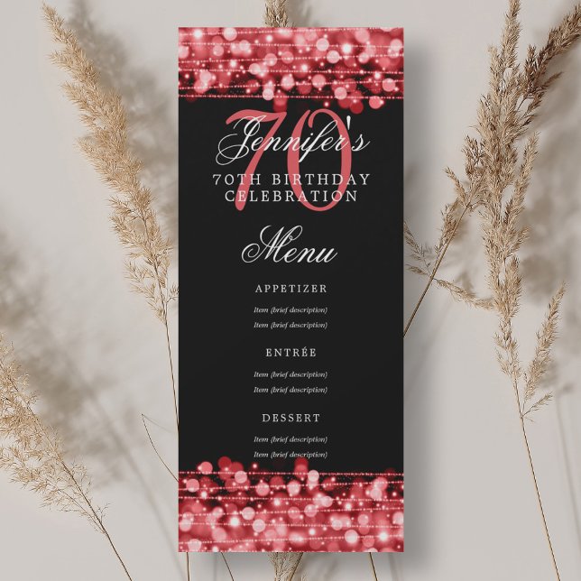 Invitation Elégant 70e Anniversaire Menu Ruby Red Lights ( 
Elegant 70th Birthday Party Menu Ruby Red Lights Invitation)