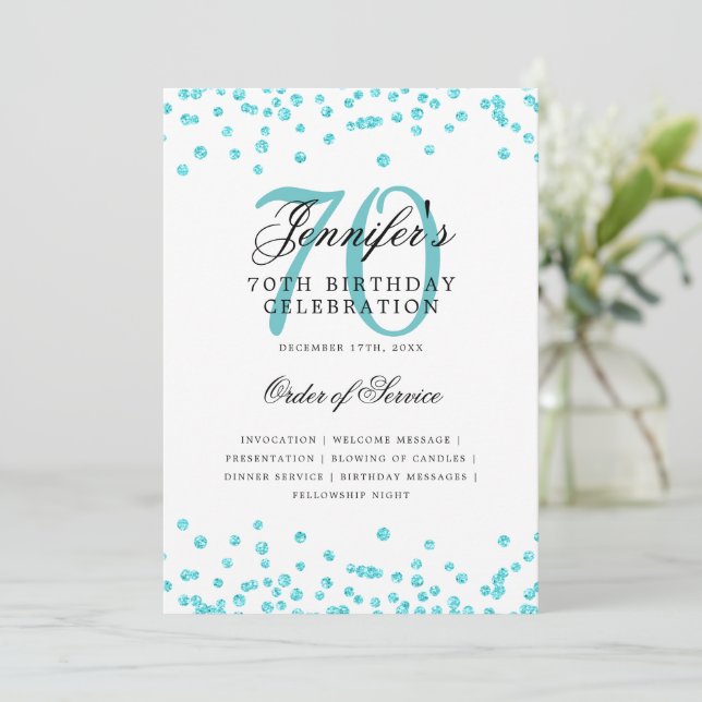 Invitation Elégant 70e Anniversaire Menu Turquoise (Debout devant)