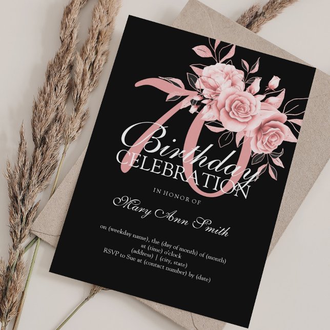 Invitation Elégant 70e anniversaire Rose de fête Gold Floral (Elegant 70th Birthday Party Rose Gold Floral Invitation)