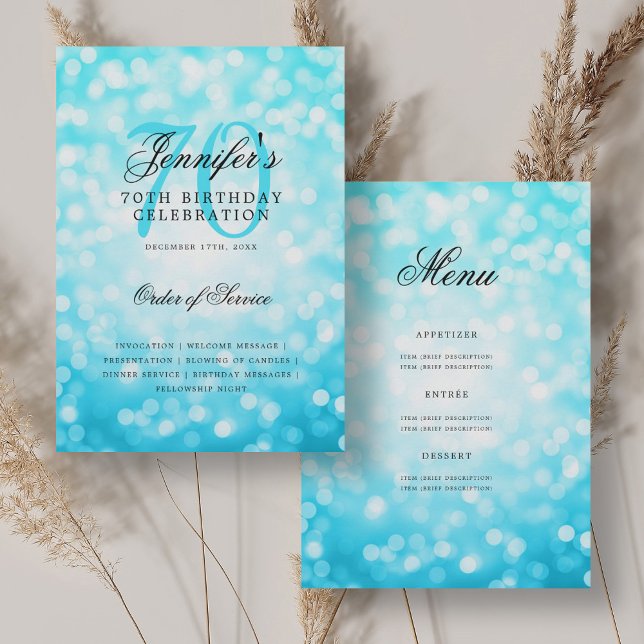 Invitation Elégant 70e Anniversaire Turquoise Bokeh Menu (Elegant 70th Birthday Program Turquoise Bokeh Menu)