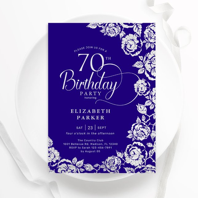 Invitation Élégant 70e anniversaire violet Roses d'argent (Créateur téléchargé)