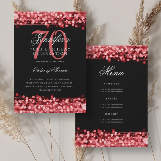 Invitation Élégant 70ème Anniversaire Ruby Red avec Menu (Elegant 70th Birthday Program Ruby Red w/ Menu)