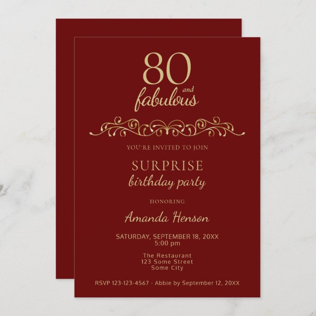 Invitation Elégant 80 et fabuleux ornement 80e anniversaire (Devant / Derrière)