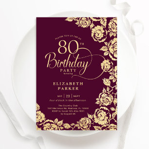 Invitation Élégant 80e anniversaire Bourgogne Roses d'or