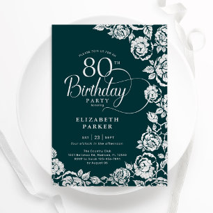 Invitation Élégant 80e anniversaire Emerald Green Roses d'arg