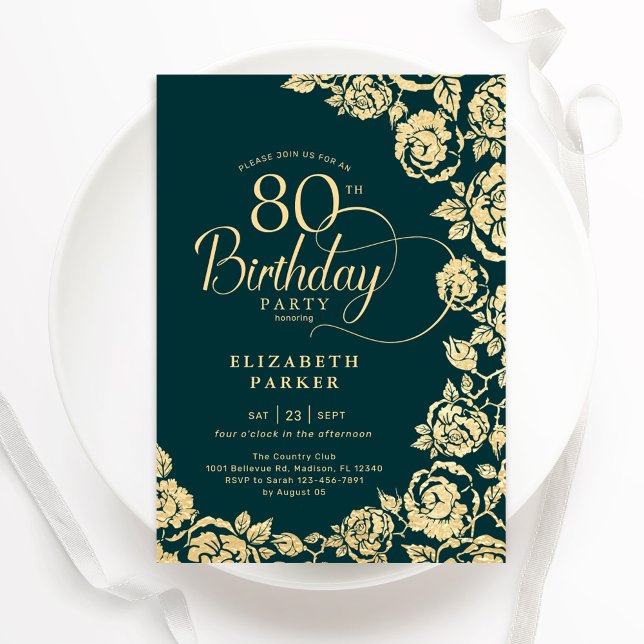 Invitation Élégant 80e anniversaire Emerald Green Roses or (Créateur téléchargé)
