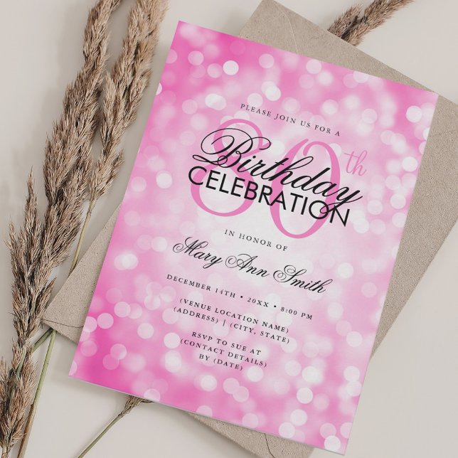 Invitation Elégant 80e anniversaire Glam rose Hot Shimmer Lum (Elegant 80th Birthday Glam Pink Hot Shimmer Light Invitation)