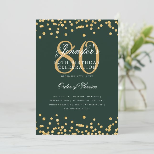 Invitation Élégant 80e anniversaire Menu Gold Green (Debout devant)
