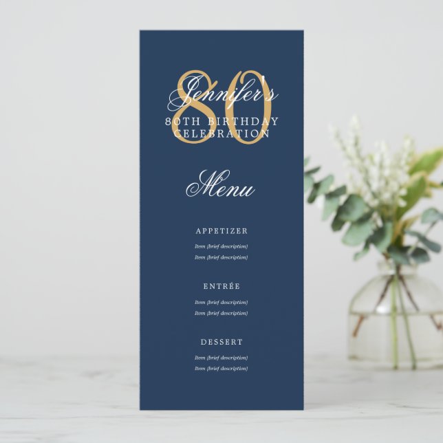 Invitation Elégant 80e Anniversaire Menu Gold Navy (Debout devant)