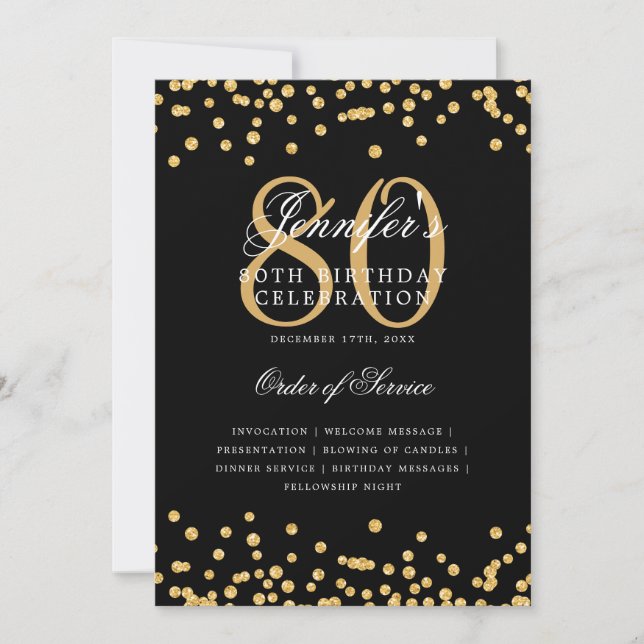 Invitation Élégant 80e Anniversaire Menu Gold Noir (Devant)