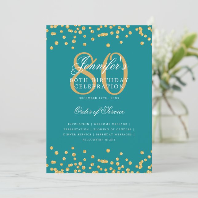Invitation Elégant 80e Anniversaire Menu Gold Turquoise (Debout devant)