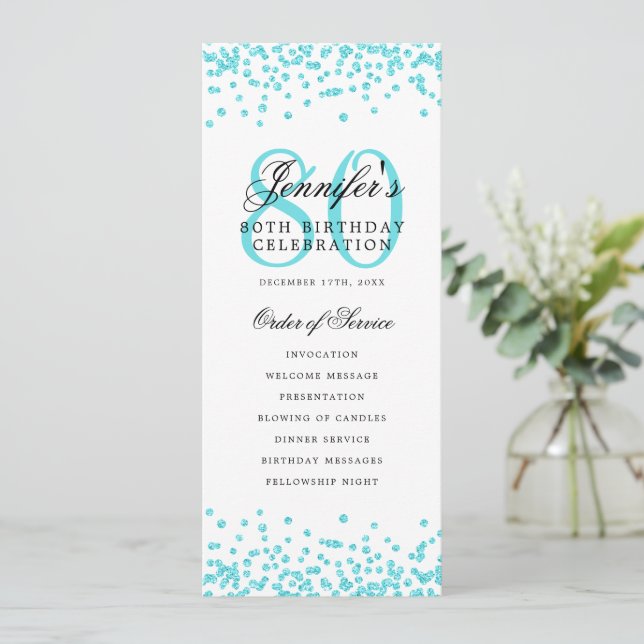 Invitation Elégant 80e Anniversaire Menu Turquoise (Debout devant)