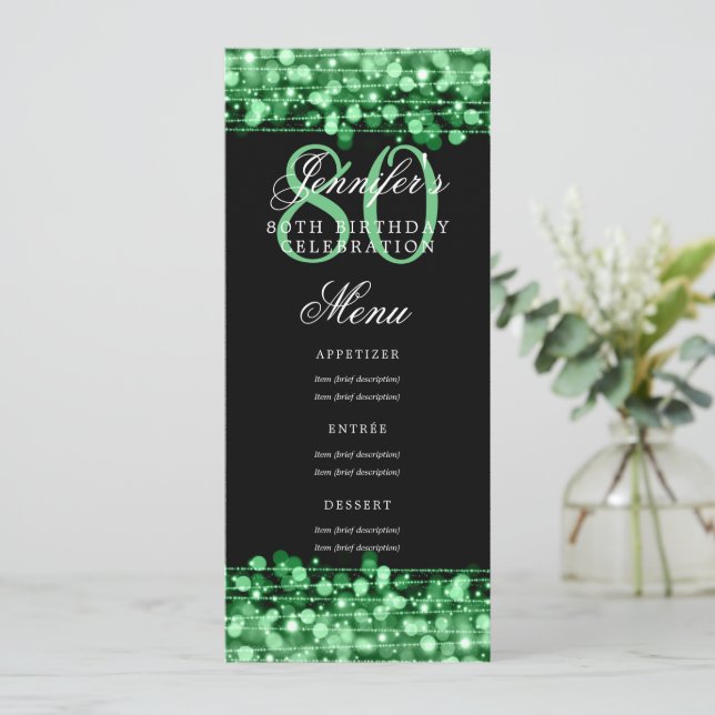 Invitation Elégant 80e anniversaire Menu Vert Lumières (Debout devant)