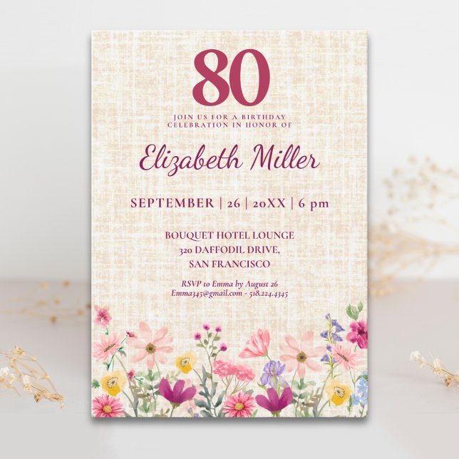 Invitation Élégant 80e anniversaire pour elle - Fleurs en lin (Créateur téléchargé)