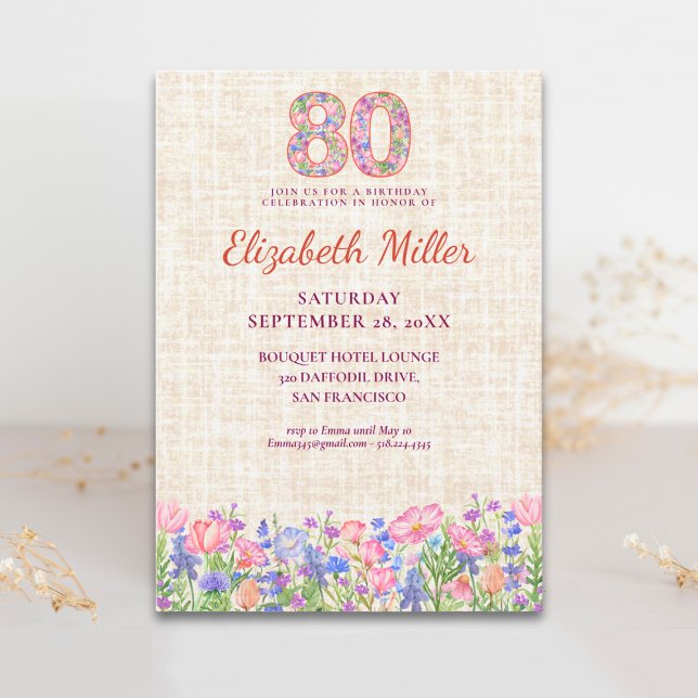 Invitation Élégant 80e anniversaire pour elle - Fleurs roses  (Créateur téléchargé)