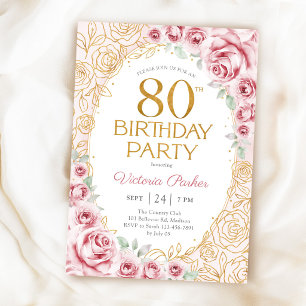 Invitation Élégant 80e anniversaire rose poudré or floral