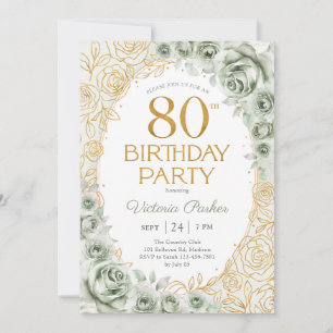Invitation Élégant 80e anniversaire vert sauge or floral