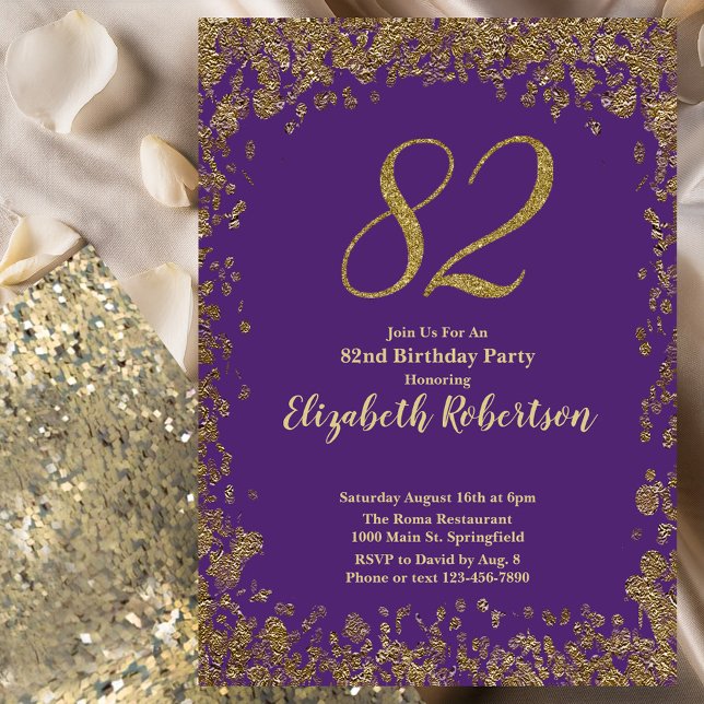 Invitation Élégant 82e anniversaire violet et or (Créateur téléchargé)