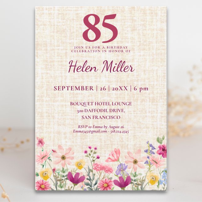 Invitation Élégant 85e Anniversaire pour Elle - Floral Lin (Créateur téléchargé)