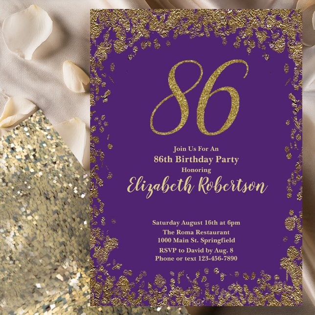 Invitation Élégant 86e anniversaire violet et or (Créateur téléchargé)