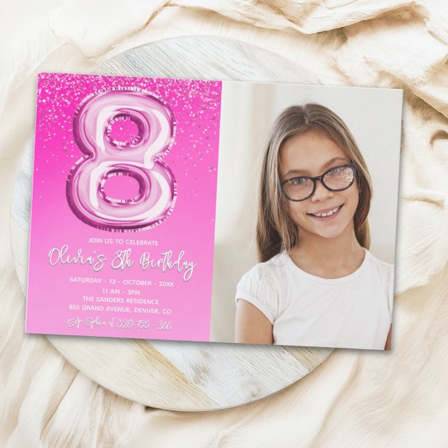 Invitation Elegant 8th Birthday Pink Number Balloon with phot (Créateur téléchargé)