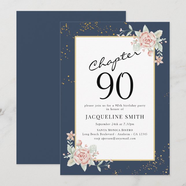 Invitation Élégant 90e anniversaire de florale (Devant / Derrière)