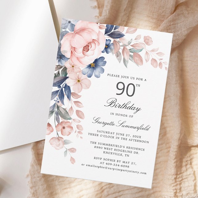 Invitation Elégant 90e anniversaire de florale (Elegant Floral 90th Birthday Invitation)