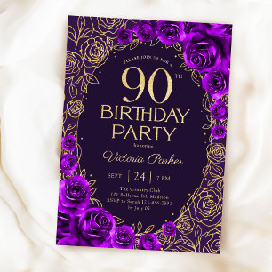 Invitation Elégant 90e Anniversaire Fleurs Violettes et Or