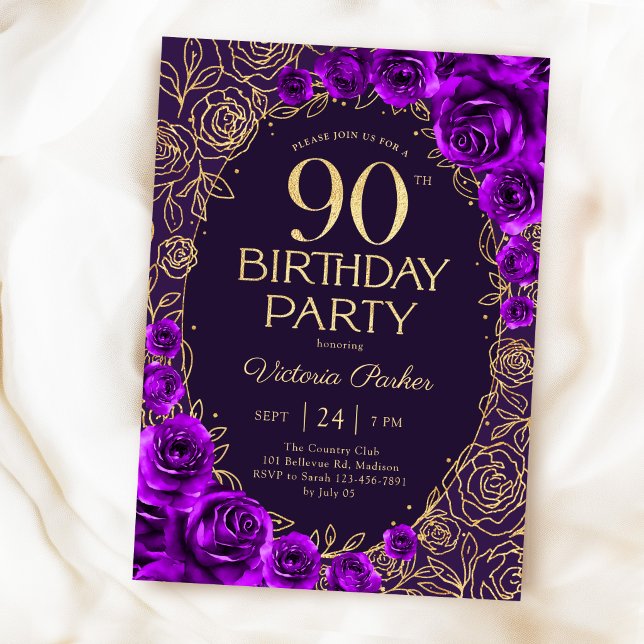 Invitation Elégant 90e Anniversaire Fleurs Violettes et Or (Créateur téléchargé)