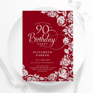 Invitation Élégant 90e anniversaire Roses d'argent rouge