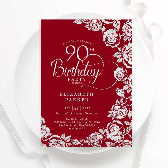 Invitation Élégant 90e anniversaire Roses d'argent rouge (Créateur téléchargé)