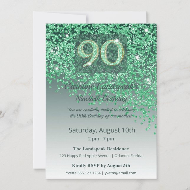 Invitation Elegant 90th Birthday Emerald Green Glitter  (Devant)