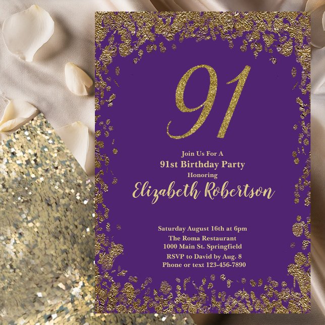 Invitation Élégant 91e Anniversaire Violet et Or (Créateur téléchargé)