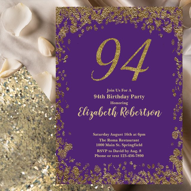 Invitation Élégant 94e Anniversaire Violet et Or (Créateur téléchargé)