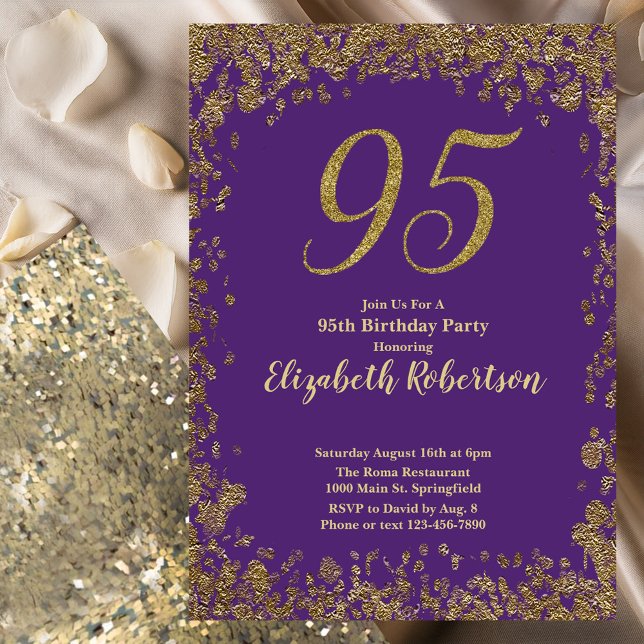 Invitation Élégant 95e anniversaire violet et or (Créateur téléchargé)